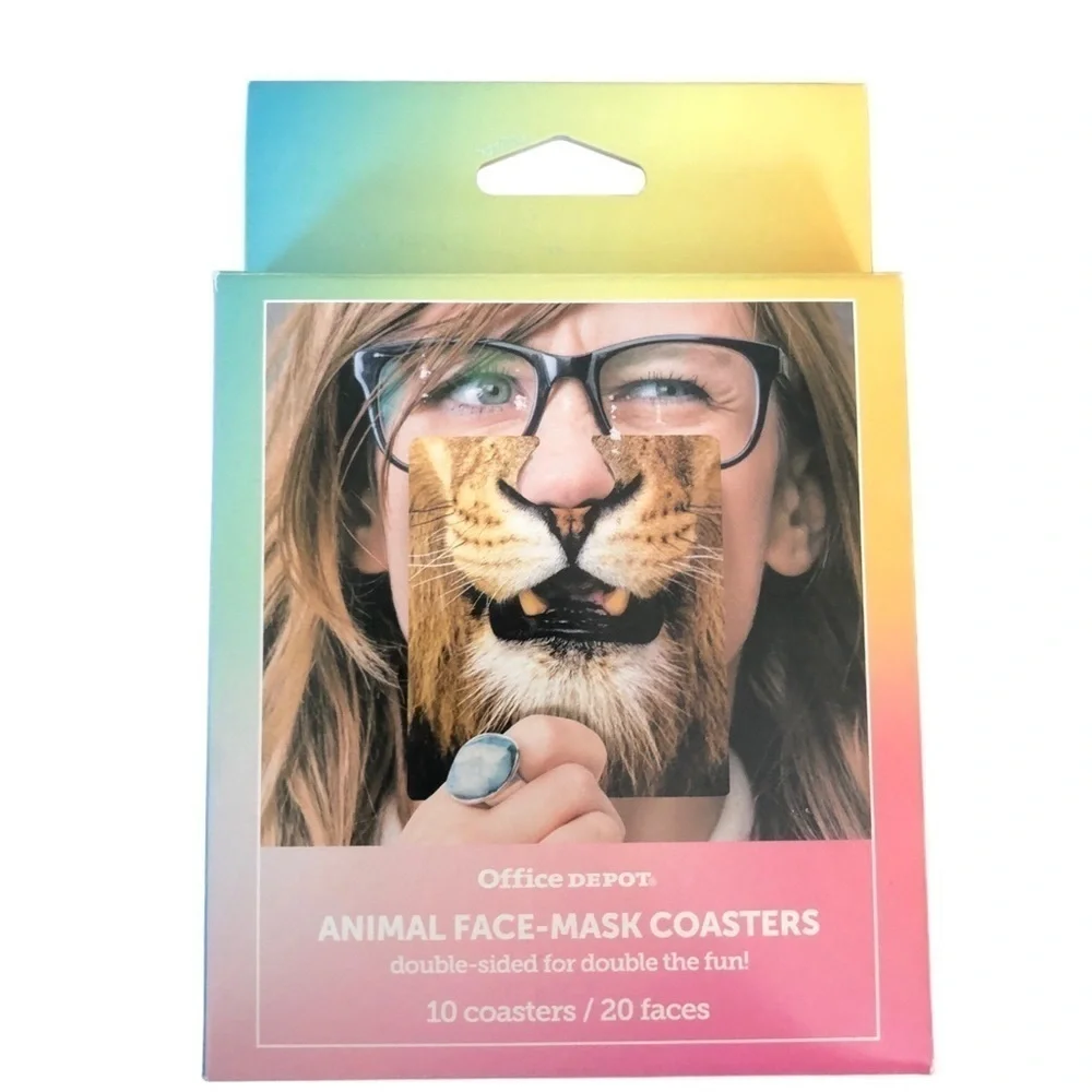 Office Depot Animal Face -Mask Coasters Double Sided 10 Coasters 20 Faces NEW